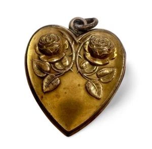 Colgante medallón colgante vintage c1900 corazón rosas gemelas oro 12k 30 mm - Imagen 1 de 4