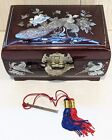 Mother Of Pearl Inlaid Peacock Lacquer Jewelry Box W/ Fish Lock, Key, Red Velvet