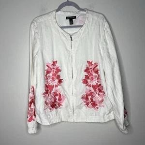 INC Jacket Womens XL White Pink Floral Embroidery Linen Zip Up Casual Bohemian - Picture 1 of 15