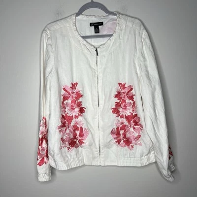 INC Jacket Womens XL White Pink Floral Embroidery Linen Zip Up Casual Bohemian - Image 1 of 4