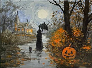 PINTURA ORIGINAL HALLOWEEN RYTA Gato Negro Bruja Paisaje Granja Salem Arte Popular - Imagen 1 de 1