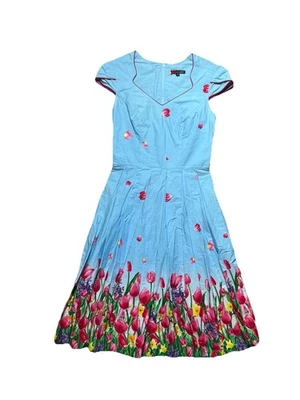 Hellbunny Angelique Dress Size XS Blue Floral Print V Neck Midi Flared Full - Image 1 of 4