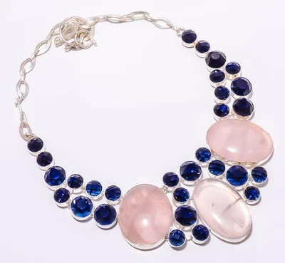 Collar Joyería Cuarzo Rosa, Zafiro Azul Simulado Plateado 16-18" S56 Foto 1 de 4