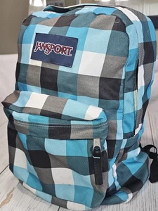 ✨ Jansport Superbreak Backpack Turquoise Black White Plaid Stylish School Bag ✨ - Picture 1 of 11