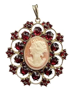 Großer Rosenschliff Böhmischer Granat Muschel geschnitzte Kamee Gold über 900 Silber Anhänger - Bild 1 von 13