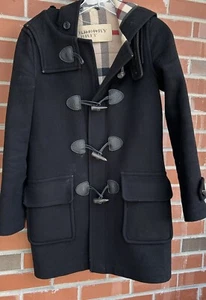 Burberry Boys Black Wool Duffle Coat Nova Check Lining Sz 2 - Picture 1 of 12