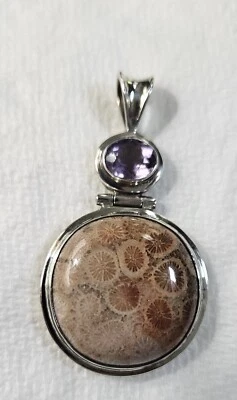 Colgante de coral fósil con piedra amatista rodeado de plata de ley Foto 1 de 2