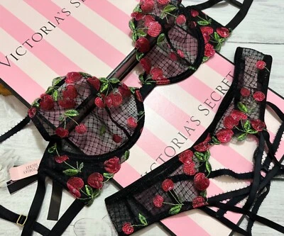 Victoria's Secret Embroidered Low-Cut Demi Bra Set Mesh Black Cherries - Image 1 of 4