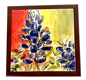 Vtg Wood Trinket/Jewelry Box Painted Bluebonnet Ceramic Tile, Signed JA, 7" x 7" - Picture 1 of 11