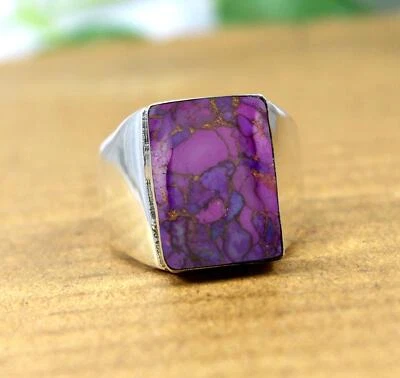 Solid 925 Sterling Silver Natural Purple Turquoise Gemstone Partywear Men's Ring - Image 1 of 4