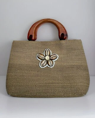 De colección - Cartera/bolso de mano de yute tejido con cuentas madera fibra natural puka bambú Foto 1 de 4