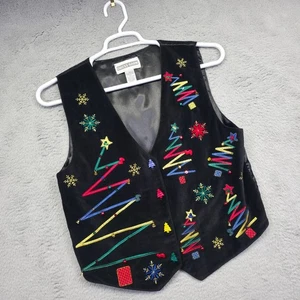 Dress Barn Christmas Vest Black Velvet Holiday Tree Embroidered Medium - Picture 1 of 13