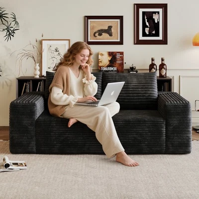 Sofá de pana de 63" con asiento profundo, sofá de dos plazas moderno, sin montaje, negro Foto 1 de 4