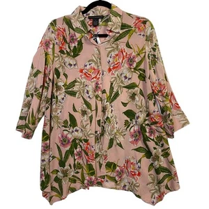 Grace Elements Pink Green Floral Button Up Blouse Top Size Small - Picture 1 of 5