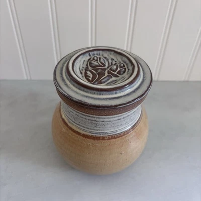 Handmade Studio Pottery Butter Bell Crock Artist Signed Rustic Floral Top - Image 1 of 4