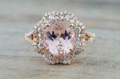 Morganite Engagement Ring 3Ct Oval Simulated Peach 14K Rose Gold Plated Silver - Image 1 of 4