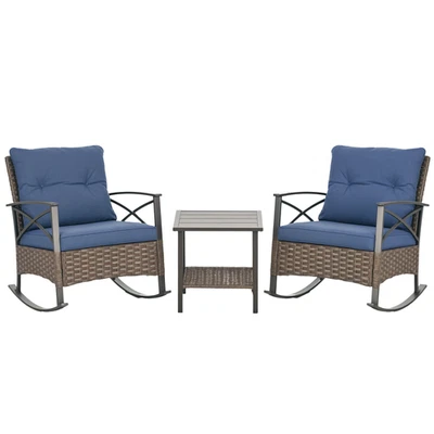 3 Piece Outdoor Rocking Chair Set w/ Cushions, Wicker Bistro Set, Dark Blue - Image 1 of 4