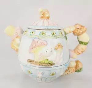 Vintage WCL Keramik Tea for One Teekanne + Tasse Pilze Hase Pastell Blau Rosa - Bild 1 von 17