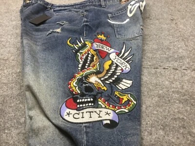 Ed Hardy Jeans Mens 42X30 New York City Eagle Patch Distressed Denim Y2K - Image 1 of 4
