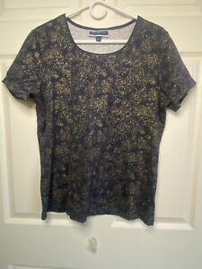 Karen Scott Navy Blue w Gold Leaf Design Short Sleeve Shirt Size L B11