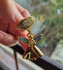 SMILE Angel Gold Tone Pin TC Dangle Praying Angel Brooch Blue Rhinestone - Picture 1 of 14