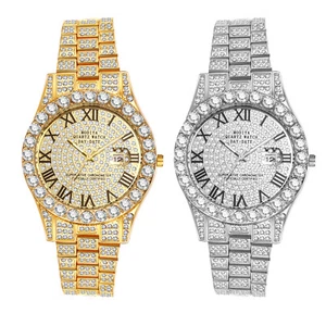 Men Rhinestone Date Bling Dial Waterproof Stainless Steel Quartz Wrist Watch - Picture 1 of 16