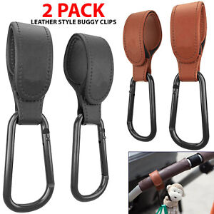 2X Buggy Clips Pram Hooks for Bags. Leather Baby Pushchair Clips Stroller Hooks
