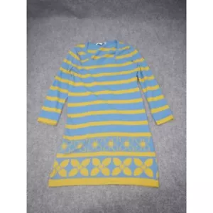 Boden Knit Sweater Dress Women's US 6 Blue Yellow Striped Floral Long Sleeve - Picture 1 of 9