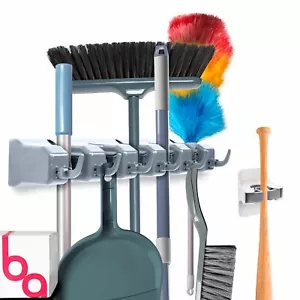 Combo 5 Slot Broom Holder w/ 1 Self Adhesive Mop Gripper No-Drilling Wall Mou... - Picture 1 of 9