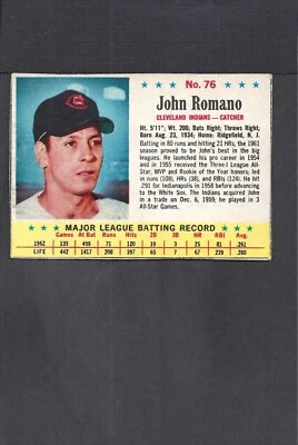 1963 POST SET BREAK #76 JOHN ROMANO-10--INDIANS--NO CREASES--EX/MT - Image 1 of 2