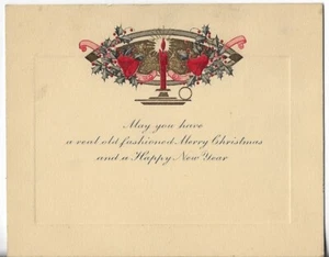 Vtg Christmas Card ART DECO apx 5x4 Gold with Red Glowing Candle - Picture 1 of 2