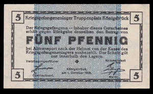 i-010450 Germany 5 Pfennig 1915. POW Camp Konigsbruck UNC - Picture 1 of 2