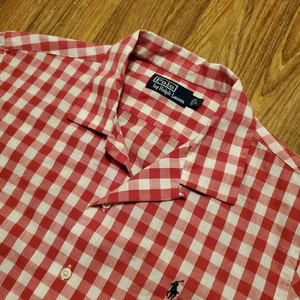 Vintage Polo Ralph Lauren Shirt Men L Red Gingham Check Loop Collar Blue Pony - Picture 1 of 7