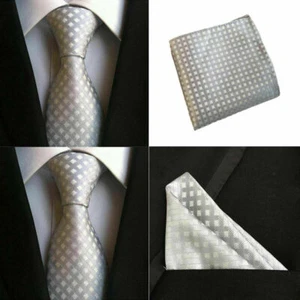 Men Gray White Checks Tie Pocket Square Handkerchief Hanky Set Lot HZTIE097 - Picture 1 of 4