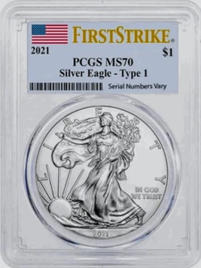 2021 $1 American Silver Eagle Type 1 First Strike Flag Issue - PCGS MS70-Perfect - Picture 1 of 2