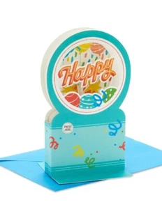 Birthday Card By Hallmark ~ Pop Up Musical SNOWGLOBE (Works) Balloons & Confetti - Picture 1 of 4