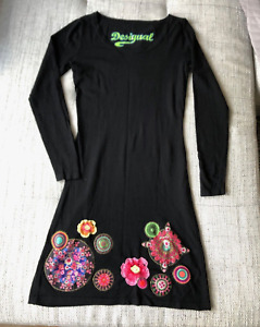 Desigual Dress Black Knit Floral Flowers Embroidered Sequins Scoop Neck Sz M