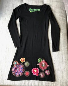 Desigual Dress Black Knit Floral Flowers Embroidered Sequins Scoop Neck Sz M - Picture 1 of 10