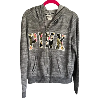 VICTORIA’S SECRET ROSA Gris Floral Logo Damas Cremallera Sudadera con Capucha, M Foto 1 de 4