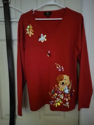 Ladies Quacker Factory Red Sweater W/Adorable Dog & Sequined Leaves Size Medium. - Image 1 of 4