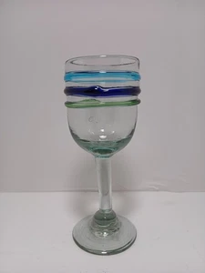 Mexican Hand Blown Bubble Wine Glass Art Goblet Tall Stemmed Striped Blue Green - Picture 1 of 7
