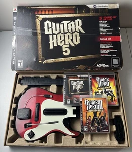 PS3 Guitar Hero 5 Bundle w/ Box 3 Games World Tour Legends of Rock Dongle Lot - Picture 1 of 24