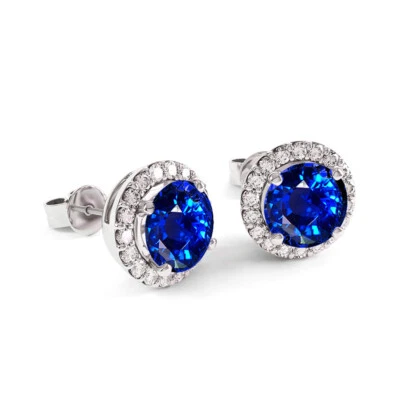 Lab Created Sapphire &White Topaz Halo Stud Earrings 925 Stamped Sterling Silver - Image 1 of 4