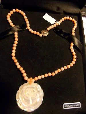 NUEVO DE COLECCIÓN AUTÉNTICO MELOCOTÓN CORAL CUENTAS ANUDADO 18" ESTERLINA COLLAR MOPA ROSETA 1.5" NUEVO Foto 1 de 4