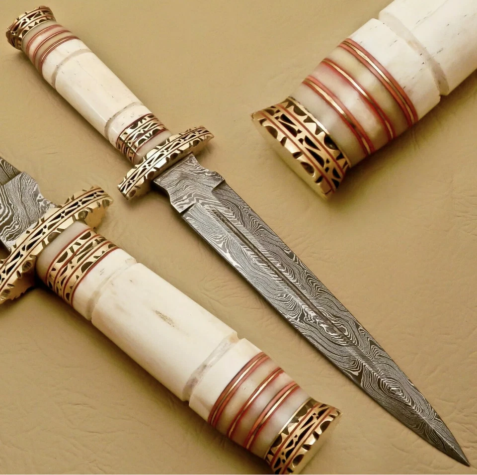 custome handmade damascus steel 13.5" dagger knife handle camel bone with clip - Image 1 of 4