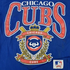 Vintage 80s Nutmeg Chicago Cubs Crest T Shirt Single Stitch Blue Small MLB - Picture 1 of 21