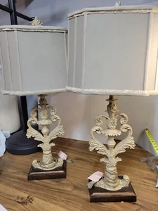 2 Beautiful Shabby Chic Ornate Carved Lamps With Shades With Lined Fabric - Picture 1 of 13