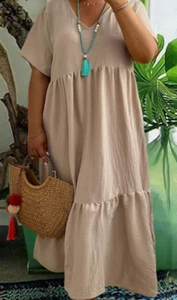 VESTIDO - Vestido largo suelto manga corta cuello en V color liso con dobladillo con volantes - Imagen 1 de 5