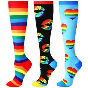 3 Pairs Women Knee Socks High Rainbow Funny Pride Theme Socks Colorful Stripe... - Picture 1 of 7