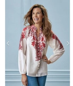 SOFT SURROUNDINGS Womens Boho Amalia Blouse Size L White Red Paisley Peasant - Picture 1 of 9